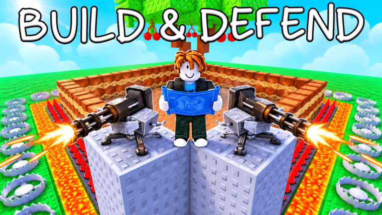 A player holding a base blueprint between two turrets on top of a walled base in Build a Base & Steal Plants.