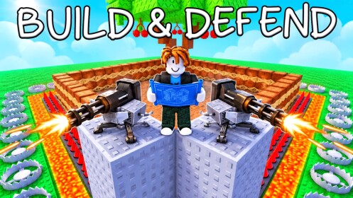 Build a Base & Steal Plants artwork of a character holding blueprints on stacked walls between two firing turrets, with traps ringing the base